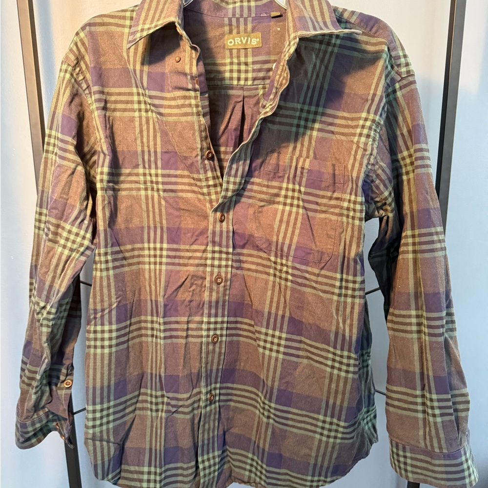 Orvis Men's Blue and Green Plaid Shirt